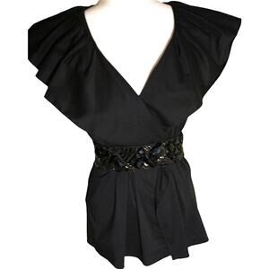 BCBGMAXAZRIA Top Women's Size S Black Sleeveless Ruffle Collar Belted